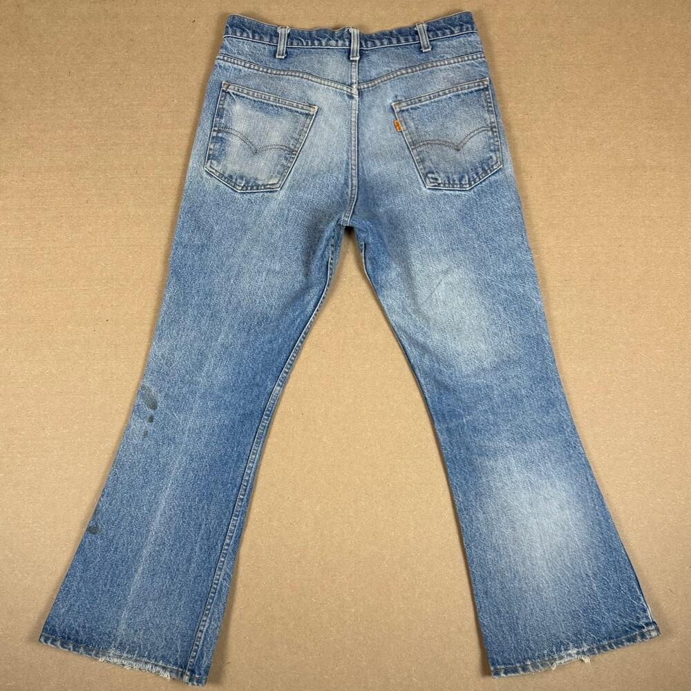 Vintage 70s Levi’s Bell Bottom Jeans Talon Orange Tab Patched Distressed 34x29 - Picture 2 of 10